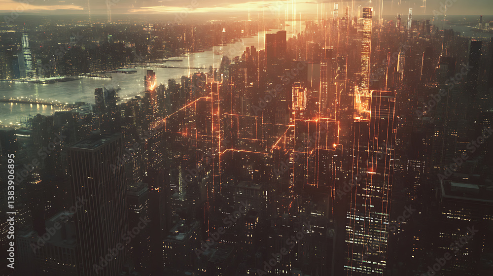 Poster global media link overlaying a bustling urban cityscape, symbolizing the advanced 5g network connect