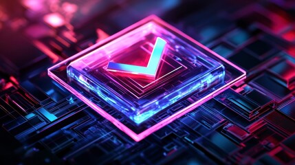 Neon checkmark symbol on a futuristic circuit board.
