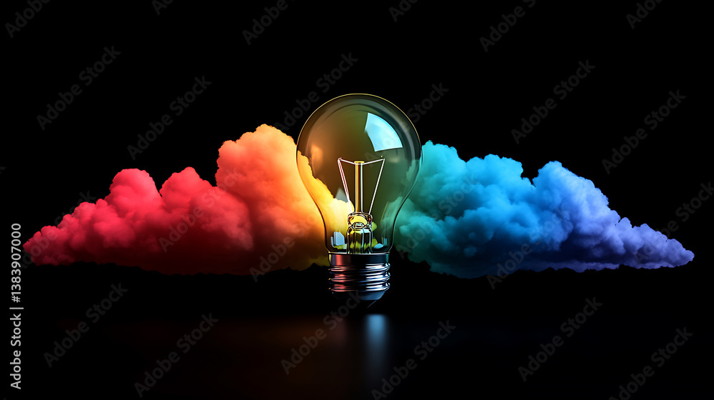 Poster glowing light bulb and colorful clouds on black background