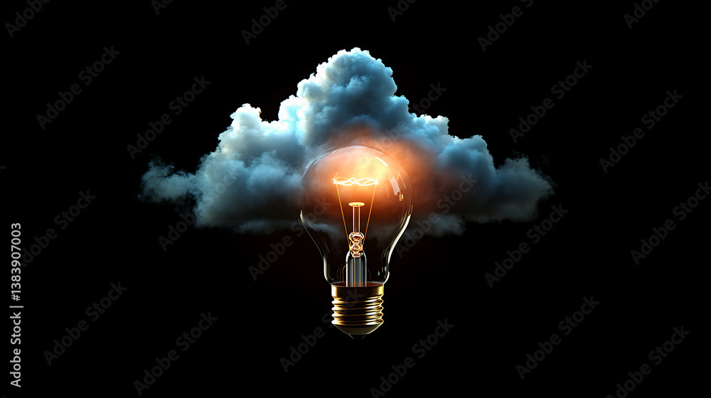 Poster glowing light bulb and colorful clouds on black background