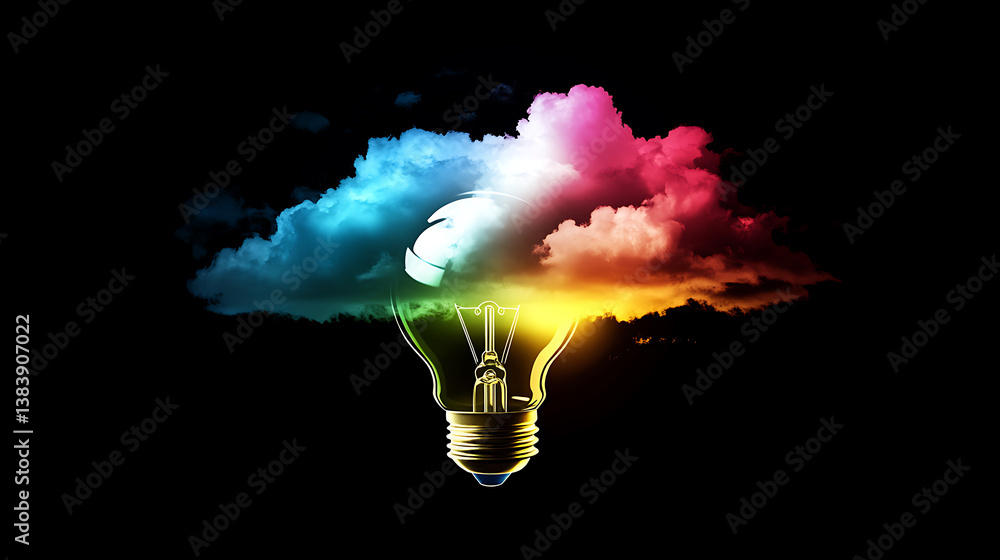 Poster glowing light bulb and colorful clouds on black background