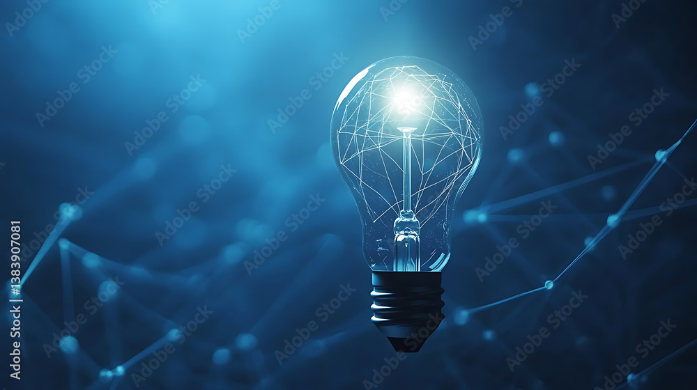 Poster glowing light bulb on blue background with connection lines