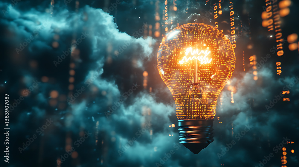 Aufkleber glowing light bulb on cloud and binary code on dark background