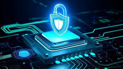 3D animation of cybersecurity lock and shield icon on a glowing microchip. Perfect for tech, blockchain, or data protection themes.