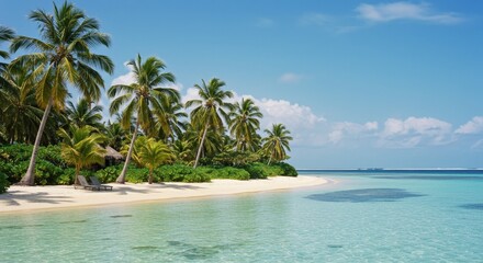 Tropical Paradise: Island Getaway - Serene beach scene, palm trees swaying gently, crystal-clear turquoise water, white sand, idyllic relaxation. Symbolizes escape, tranquility, paradise, vacation