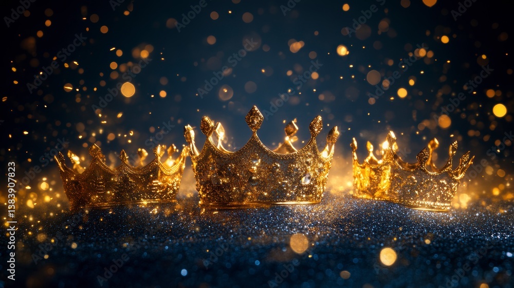 Poster three golden crowns on a sparkling surface with bokeh lights.