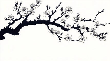 Obraz premium Elegant Black Ink Blossom Branch Spring Floral Design Artistic Botanical Illustration Nature White Background Simple Minimalist Graphic Art Decorative
