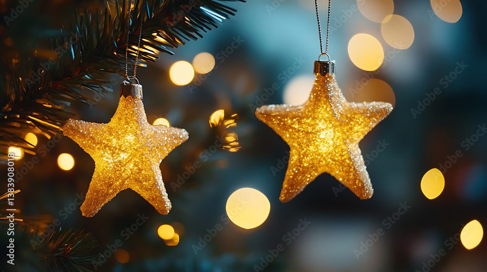 Poster golden star with sparks and bokeh on black background