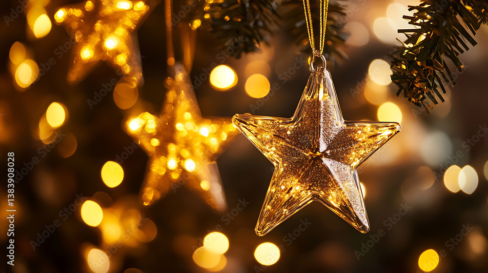 Poster golden star with sparks and bokeh on black background