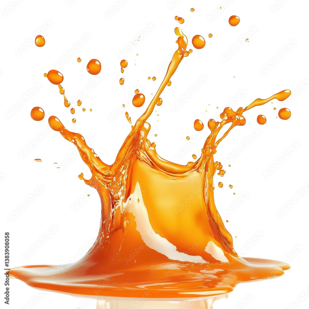 Poster Vibrant orange liquid creating dynamic splash against a pristine Transparent background, Orange Liquid Splash   On PNG background
