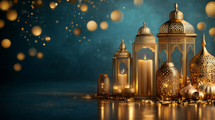 Fototapeta premium Golden lantern with candle, lamp with arabic decoration, arabesque design, beautiful muslim invitation with ramadan, eid mubarak, religion background