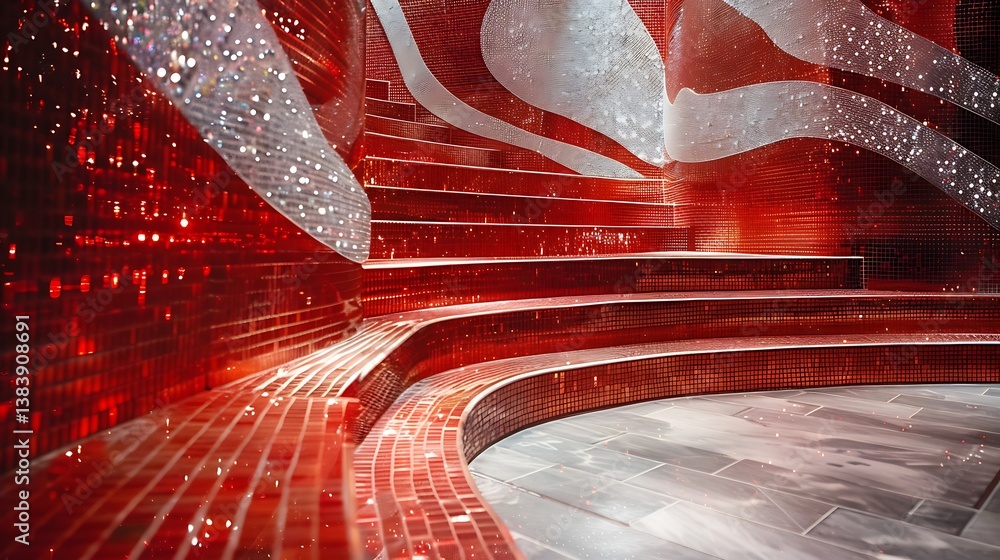 Poster a crystal mosaic podium with a bold design in red and clear crystals, creating a striking visual imp