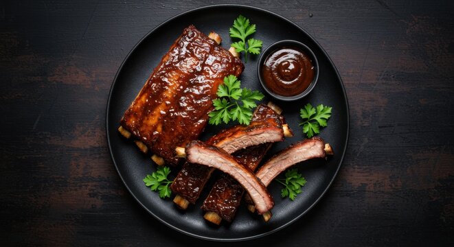 Delicious barbecue ribs with sauce and parsley on a black plate presented on a dark surface