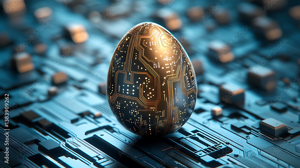 Poster greeting card with abstract 3d egg with circuit board texture, modern illustration