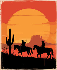 Naklejka premium Vintage Western Silhouette – Two Cowboys Riding into the Sunset in a Desert Scene