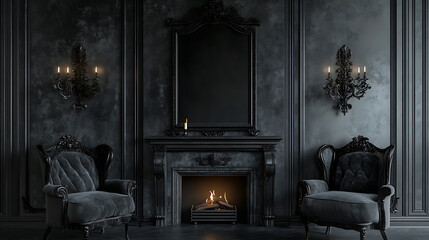 Fototapeta premium Grey chill interior with seats and fireplace with decoration, mockup frame