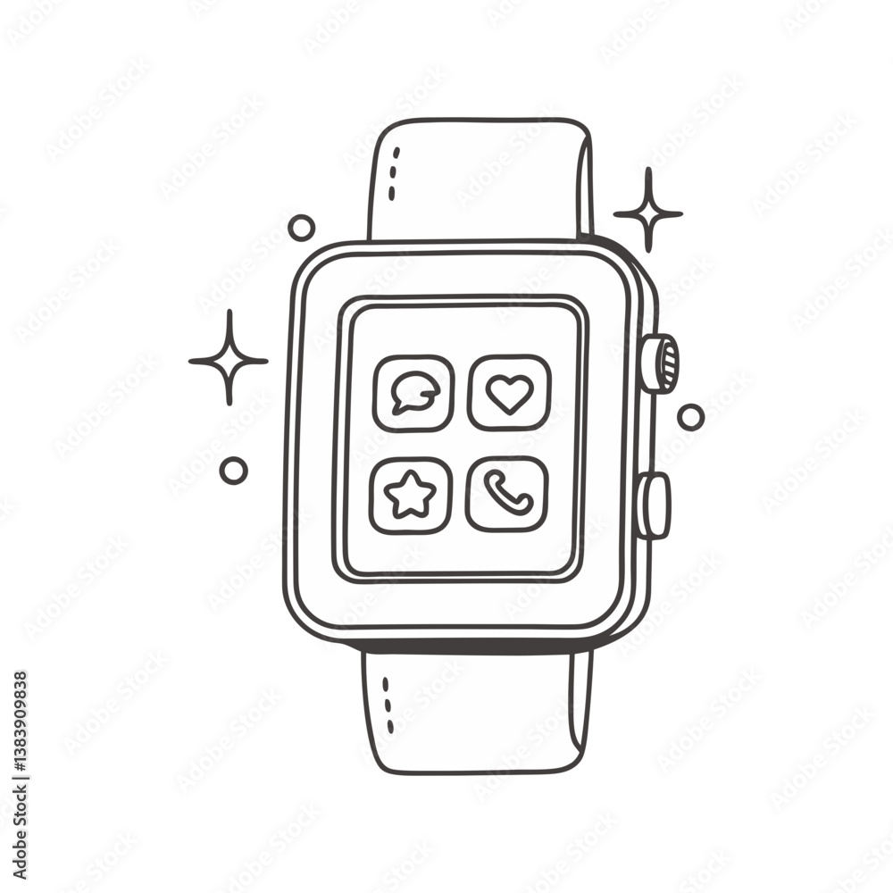Aufkleber smartwatch vector with app icons for messaging, calls, and favorites, drawn in a clean outline style