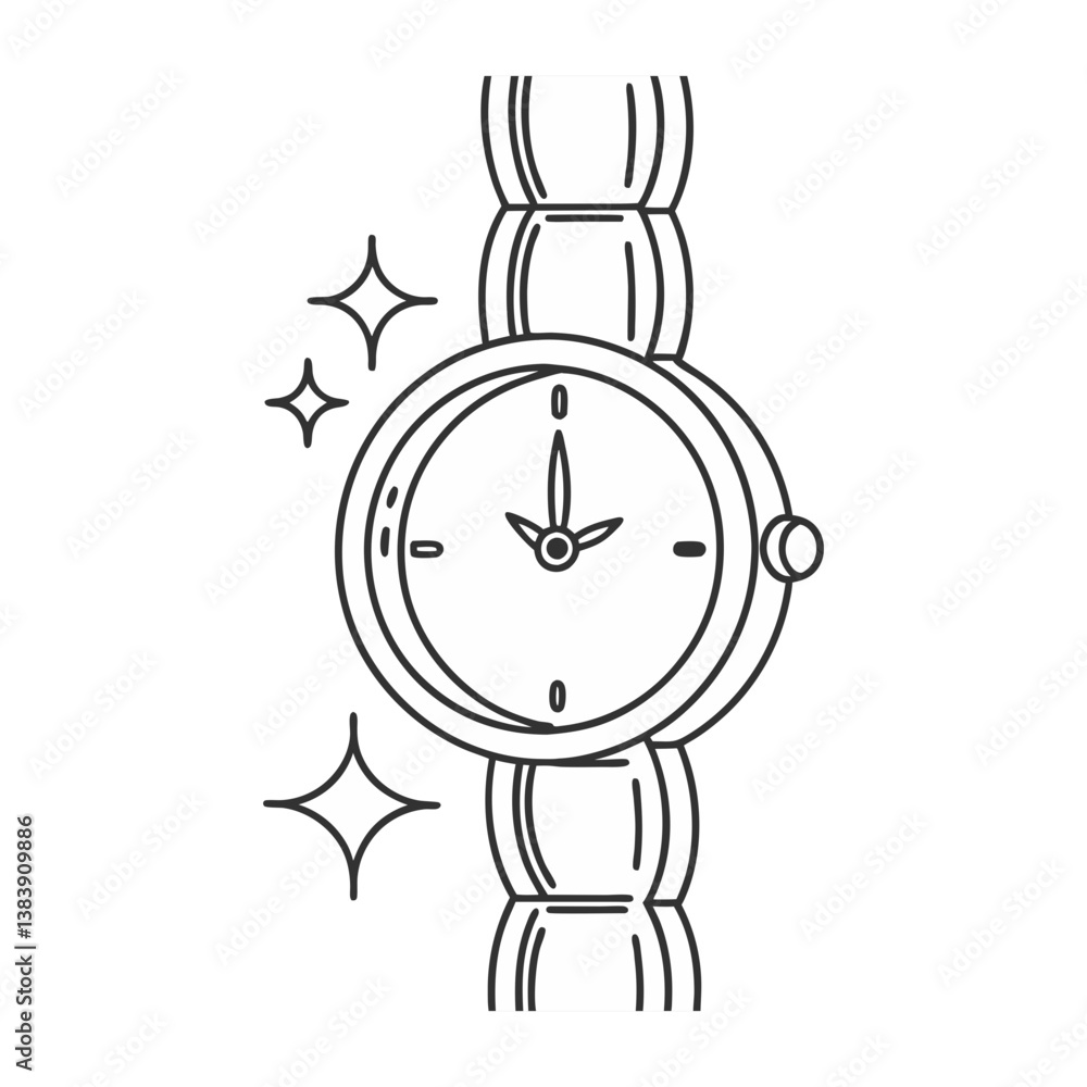 Poster elegant analog wristwatch vector with a round face and metal link band, illustrated in a minimal out
