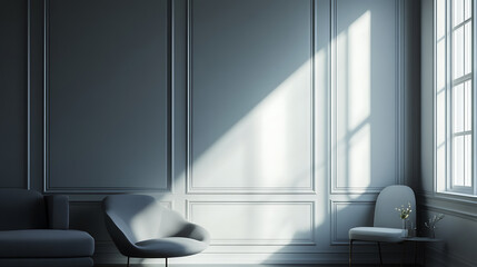 Grey relax room interior with couch and chairs, window and empty wall