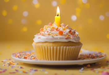 one celebration cupcake fun frosting orange bright confetti candle can food party sprinkle background cake happy birthday candlelight yellow baked homemade decorated dessert icing horizontal