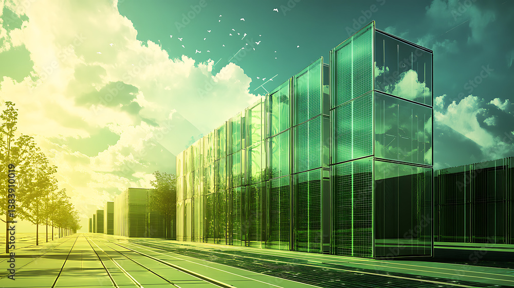 Aufkleber grid energy storage containers visualized in a concept sketch in green colors, essential parts of th