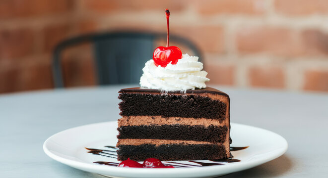 Decadent chocolate cake slice with cherry and whipped cream topping on plate - Powered by Adobe
