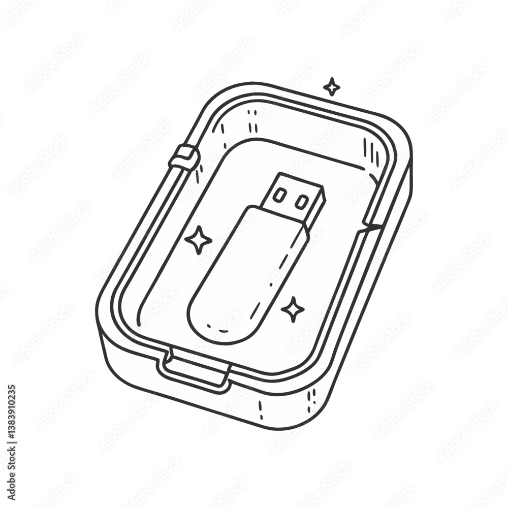 Poster usb flash drive in protective box vector, illustrated with clean lines and sparkles, highlighting se