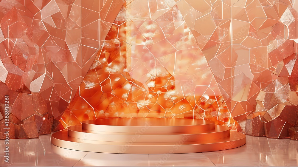 Poster a crystal mosaic podium with a geometric pattern in clear and amber crystals, creating a sophisticat