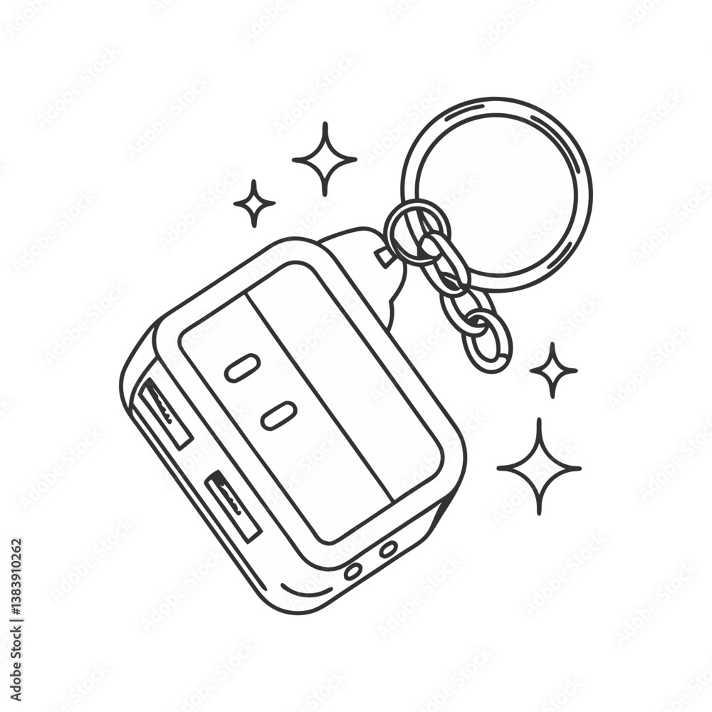 Poster compact usb hub keychain vector with dual ports and sparkle accents, illustrated in a minimal outlin
