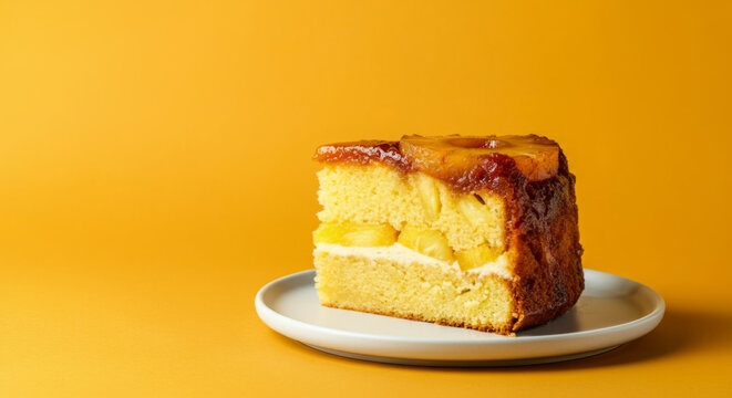 Slice of pineapple upside-down cake on white plate against yellow background