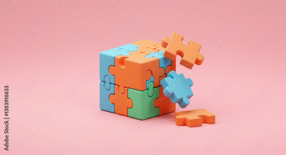 Aufkleber vibrant puzzle cube: unity through creative solutions - colorful puzzle cube playfully assembled, sy