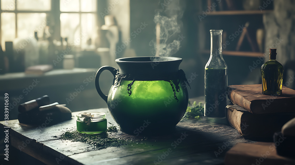 Poster large cauldron with green potion on table with witchcraft