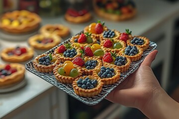 An artful display of handcrafted fruit tarts featuring fresh blueberries, ripe strawberries and juicy grapes, showcased on a zebra-patterned serving plate, handheld