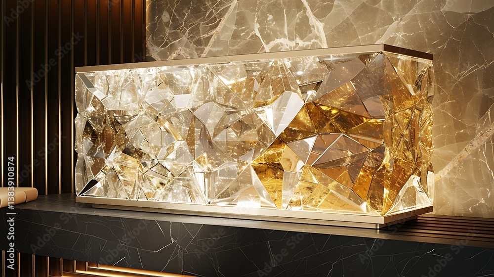 Poster a crystal mosaic podium with a geometric pattern in clear and amber crystals, creating a sophisticat