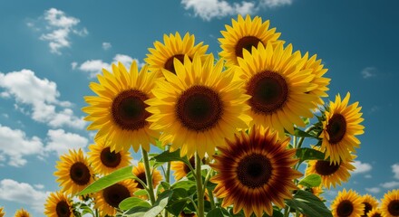 Fototapeta premium Vibrant Sunflowers Under a Blue Sky - A stunning close-up of sunflowers blooming brightly under a vibrant blue sky with fluffy white clouds