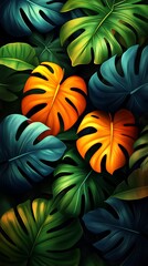 Vibrant Tropical Leaves in Green with Bold Orange Accents

