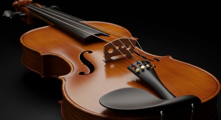 Fototapeta premium Violin Strings Bridge and Tailpiece Detail - A close-up showcases the intricate details of a violin's bridge, tailpiece, and strings. It symbolizes craftsmanship, musicality, artistry, precision
