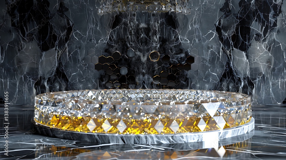 Poster a crystal mosaic podium with a honeycomb pattern in clear and yellow crystals, creating a unique vis
