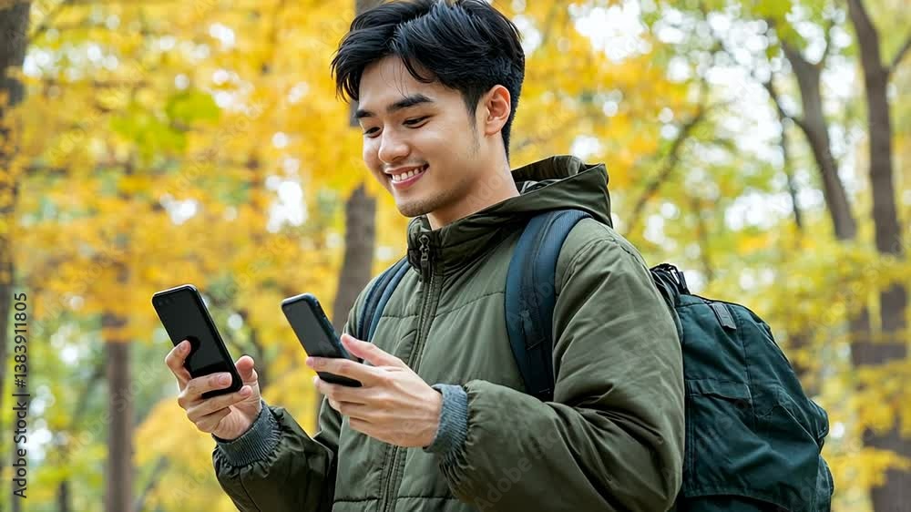 Poster man enjoying smartphone use during leisure time in a park generative ai