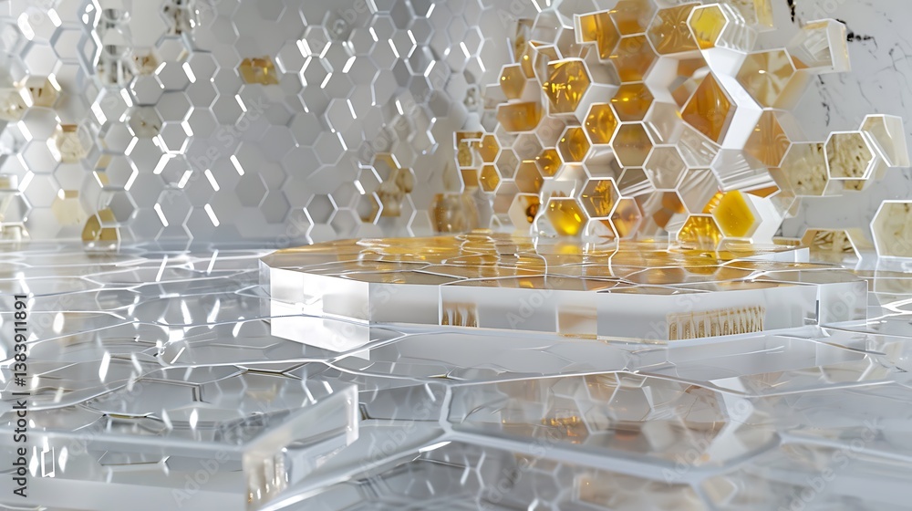 Poster a crystal mosaic podium with a honeycomb pattern in clear and yellow crystals, creating a unique vis