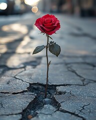 A single red rose growing through a cracked concrete sidewalk, symbolizing hope and resilience, dramatic lighting, high-contrast textures, ultra-sharp details, professional fine-art photography