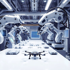 High-Tech Robotic Arms Assembling AI-Powered Drone in Futuristic Laboratory