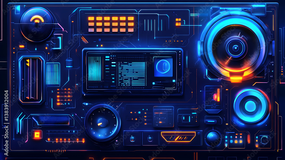 Poster hardware and software computer technology background, futuristic modern illustration in blue neon co