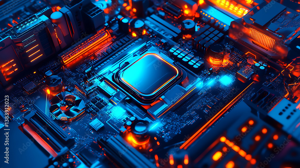 Poster hardware and software computer technology background, futuristic modern illustration in blue neon co