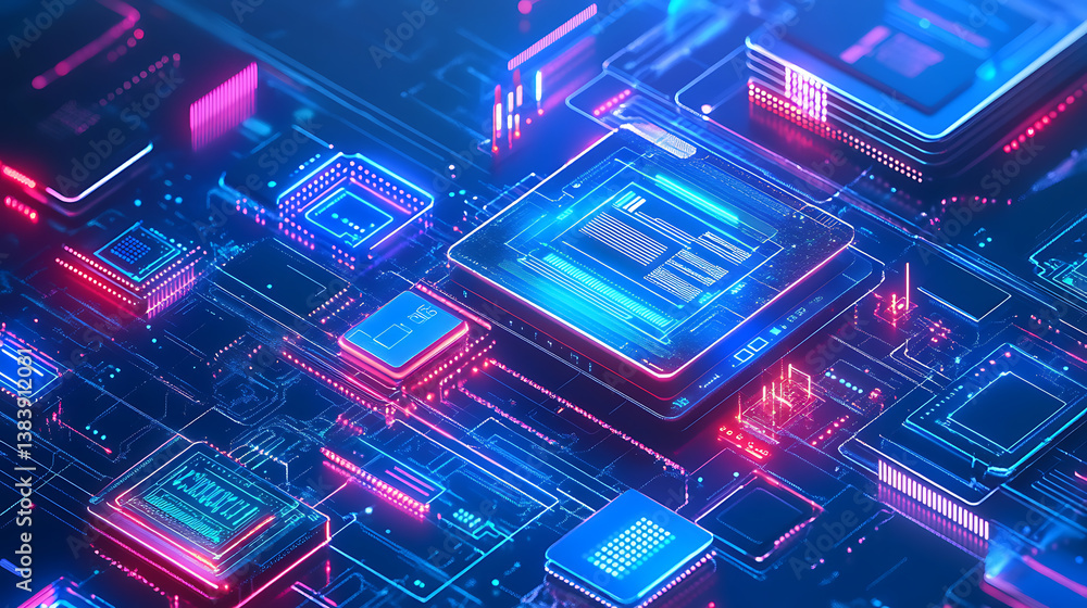 Poster hardware and software computer technology background, futuristic modern illustration in blue neon co