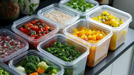 Obraz premium Healthy meal prep with fresh vegetables and grains in containers, ideal for diet planning and portion control