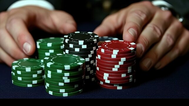 Gambler protecting his poker chips stacks on blue table