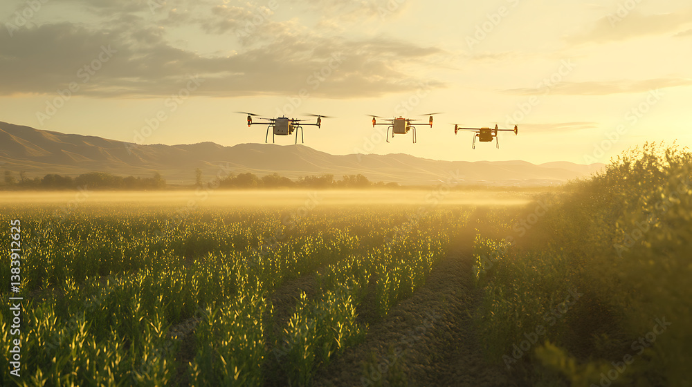 Poster high-tech agricultural drones flying over a vast farm field, demonstrating advanced spraying capabil