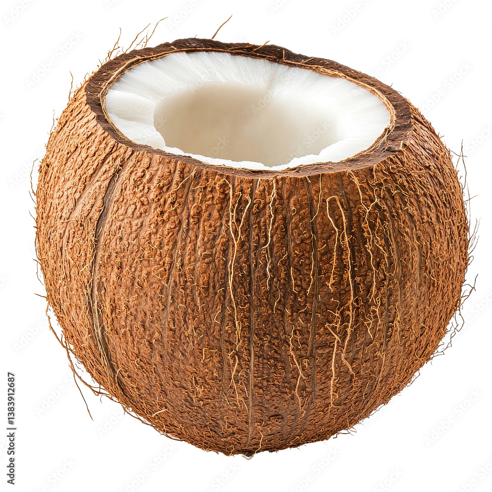 Poster coconut isolated on a transparent background showcasing its textured shell and inner fruit, coconut 