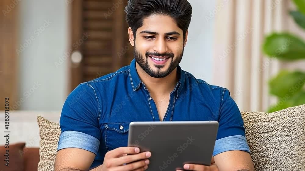Poster muslim programmer working on tablet in cozy living room setting generative ai